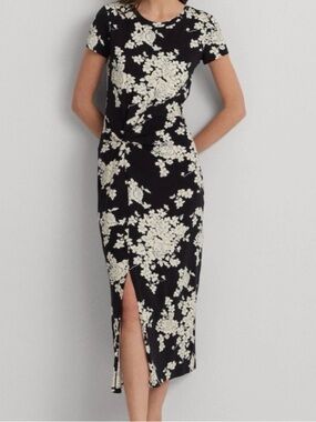 Lauren Ralph Lauren Black White Floral Twist Knot Maxi Dress Side Slit Size L